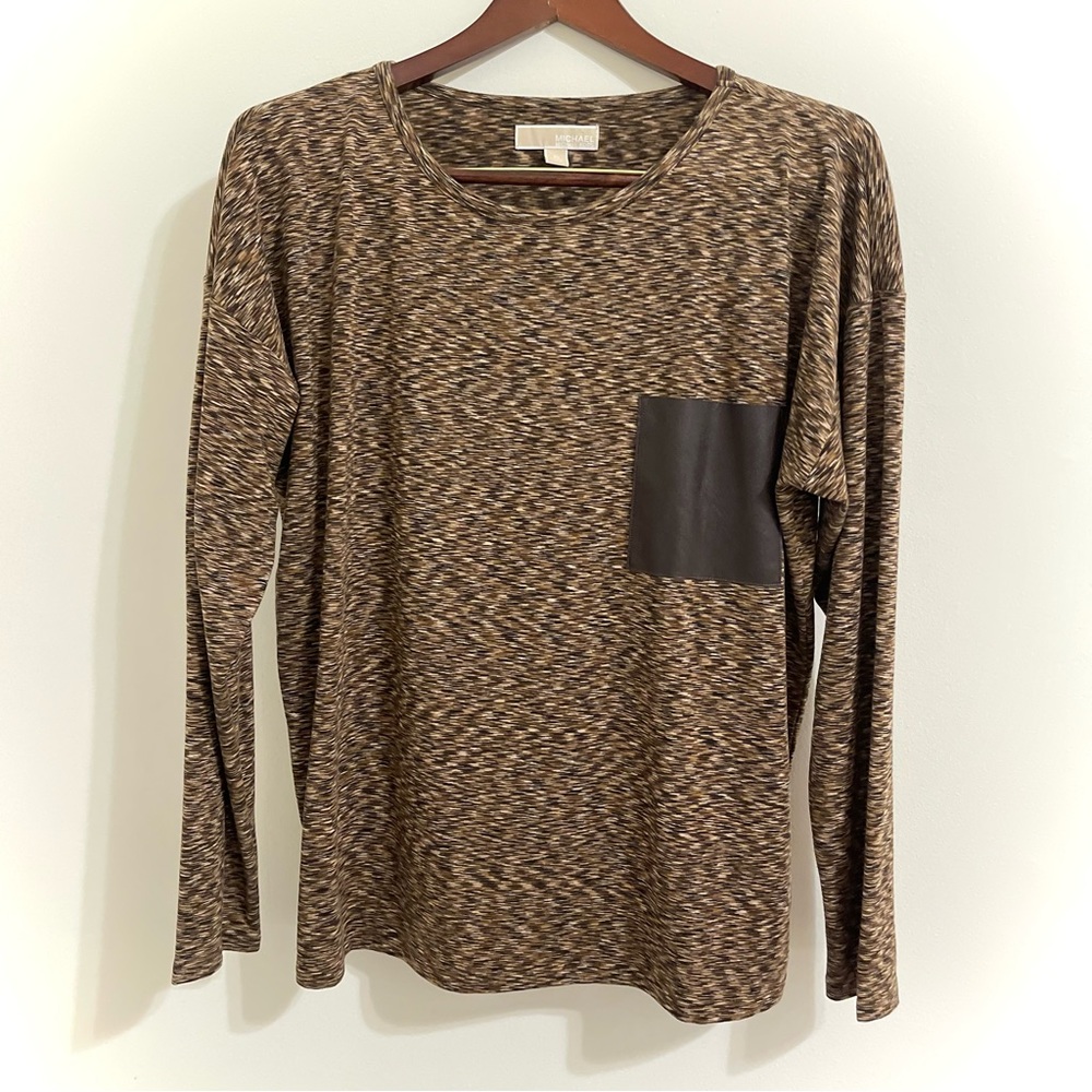 Michael Kors Women’s Brown Long Sleeve Top with Leather Handkerchief Pocket